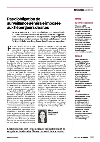 Read more about the article Pas d’obligation de surveillance générale imposée aux hébergeurs de sites